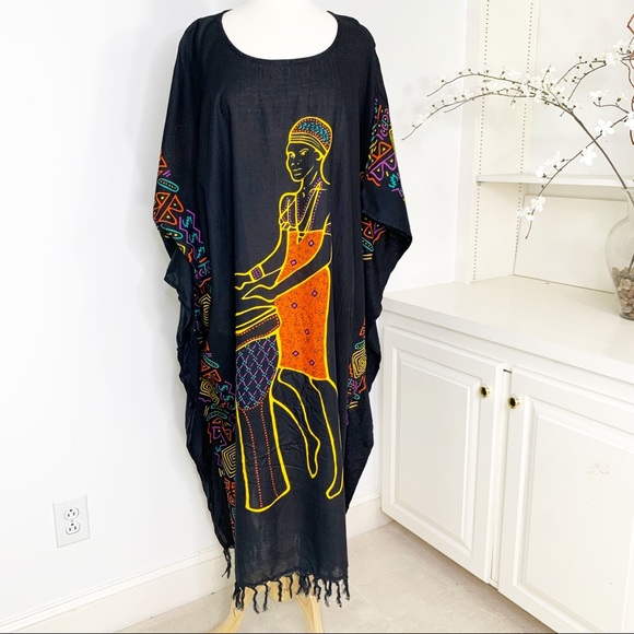 Dresses & Skirts - African Print Maxi Caftan Fringe Trim Black OS